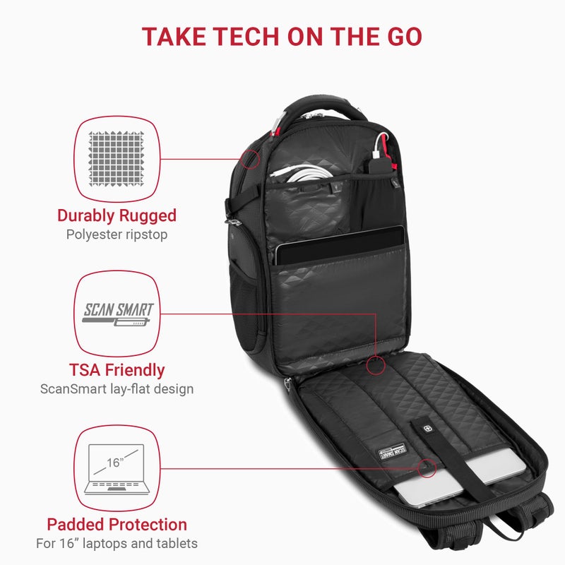 SWISSGEAR حقيبة ظهر لابتوب سويس جير ترافل تك إليت - تناسب اللابتوبات حتى 16 بوصة - حقيبة ظهر صديقة لتفتيش TSA مع منفذ USB، حجرة للأحذية و جيوب تنظيم - نقط سوداء - Image 2